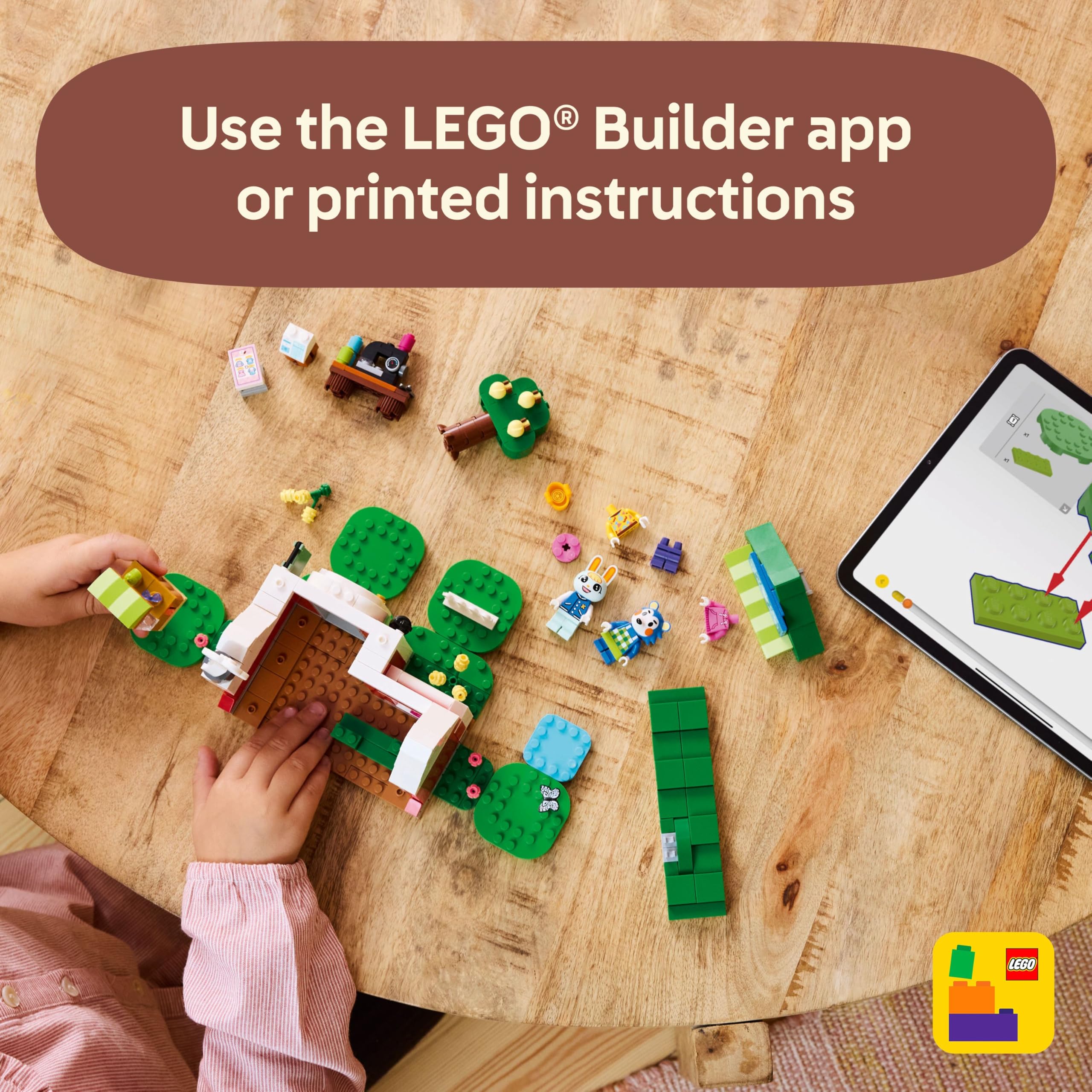 LEGO Animal Crossing Able Sisters garden scene with peach tree for outdoorsy play.