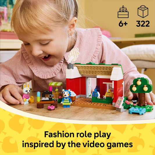 LEGO Animal Crossing Able Sisters workshop area supports pretend tailoring and layout ideas.