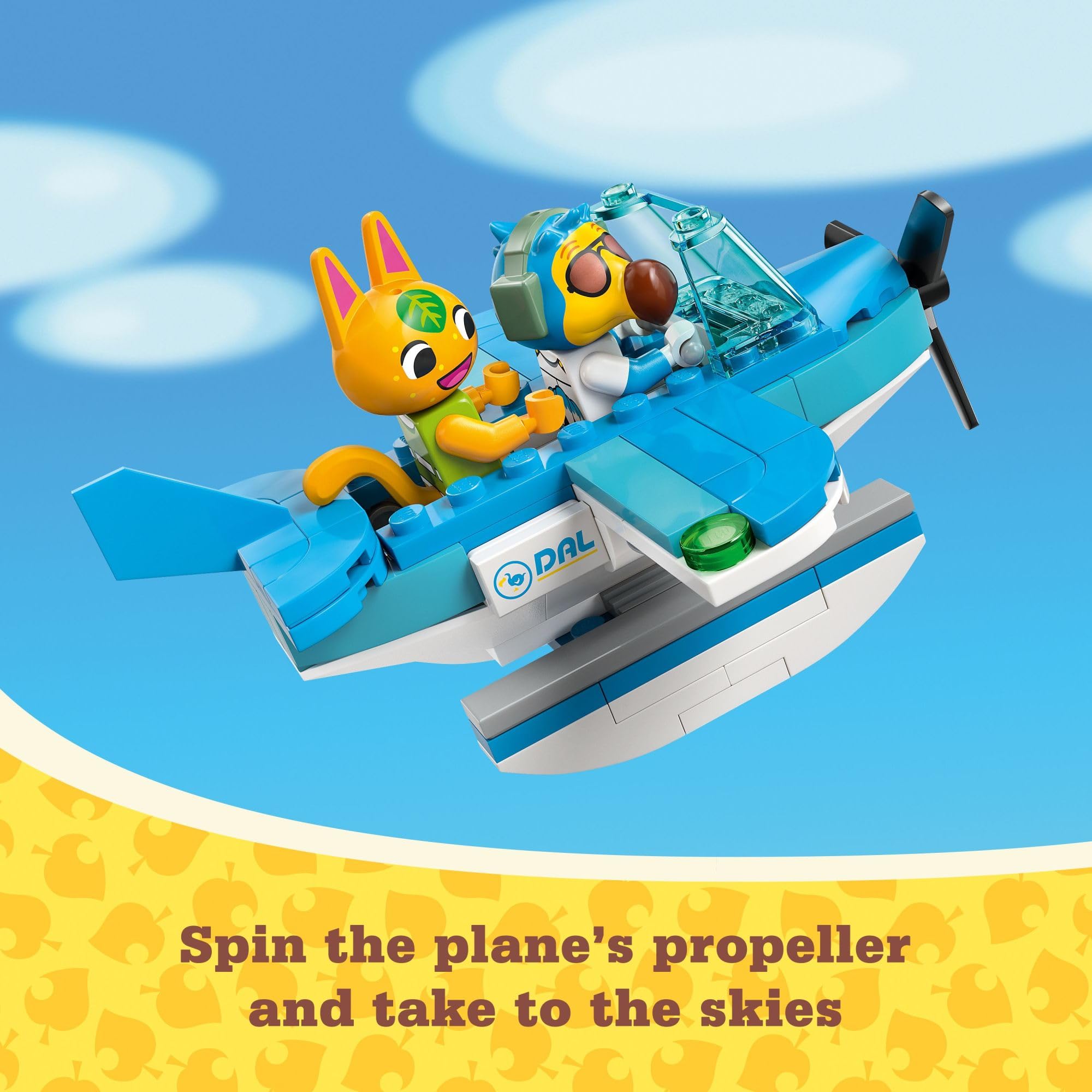 LEGO Animal Crossing seaplane propeller spins for dynamic flight play.