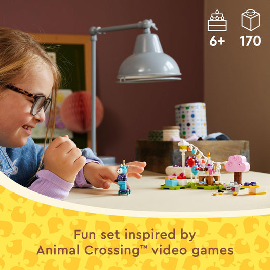 LEGO Animal Crossing birthday cake with candle inspires celebratory storytelling and cake-cutting play