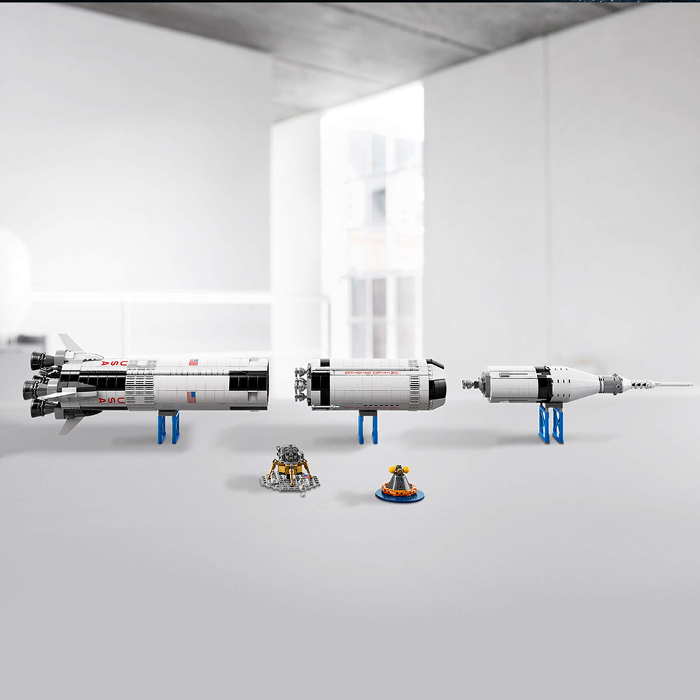 LEGO Apollo Saturn V display stand elevating the tall model.