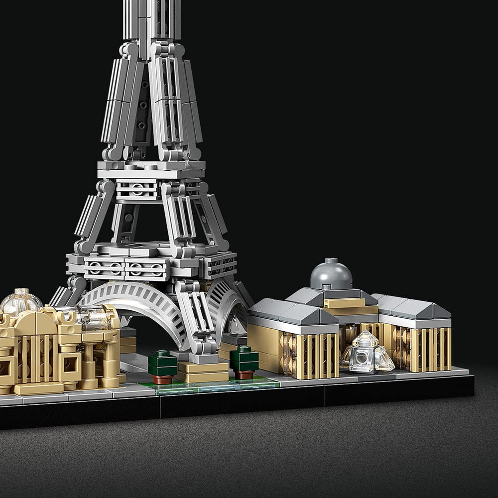 LEGO Architecture Arc de Triomphe front emphasizes timeless Parisian design on a shelf.