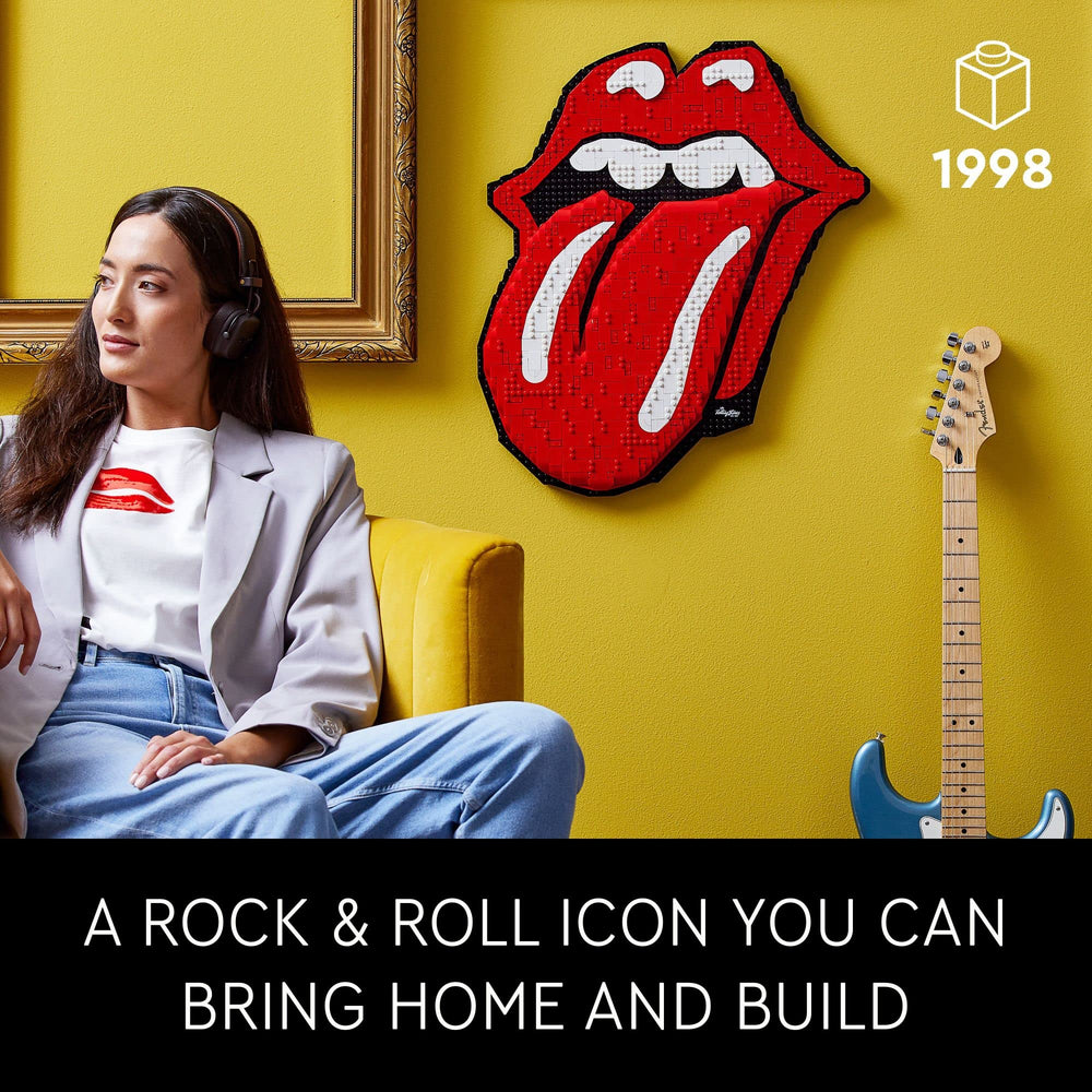 Rolling Stones logo build highlights a striking wall art centerpiece.