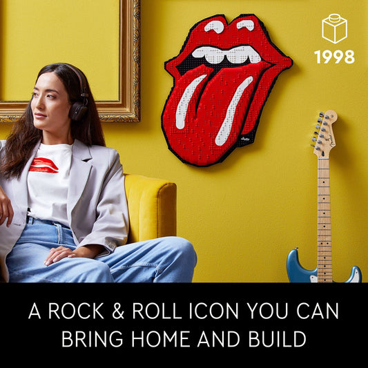 Rolling Stones logo build highlights a striking wall art centerpiece.