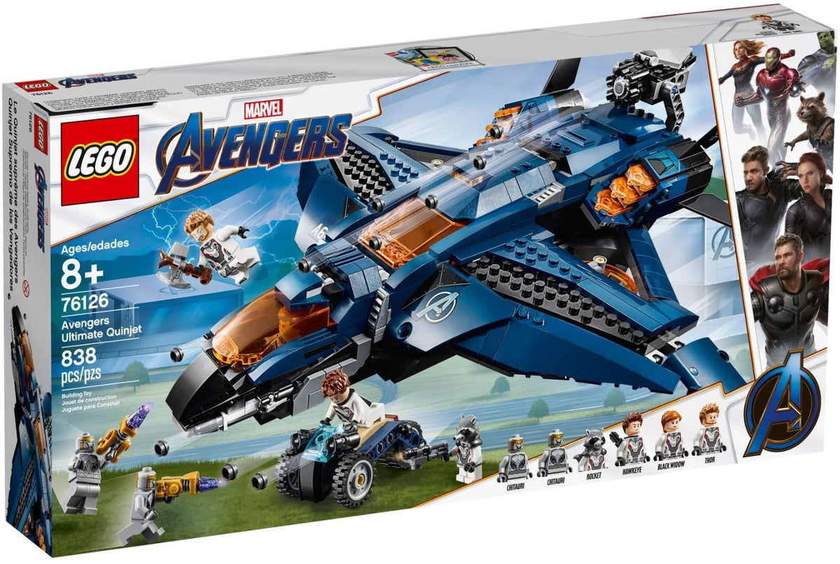 LEGO Avengers Ultimate Quinjet cockpit opens for minifigs during heroic missions.