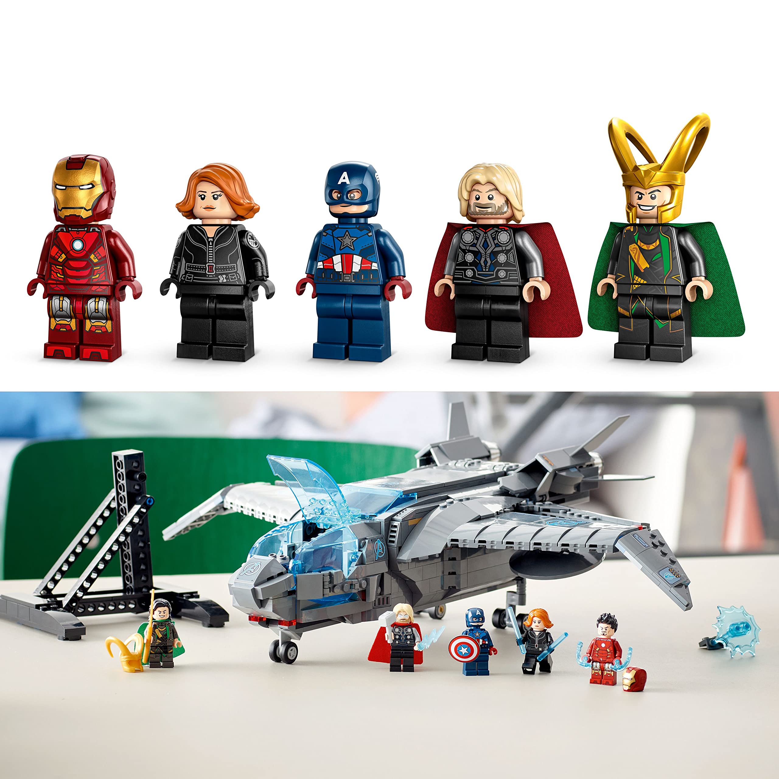 LEGO Marvel Quinjet display stand for elegant bedroom showcase.