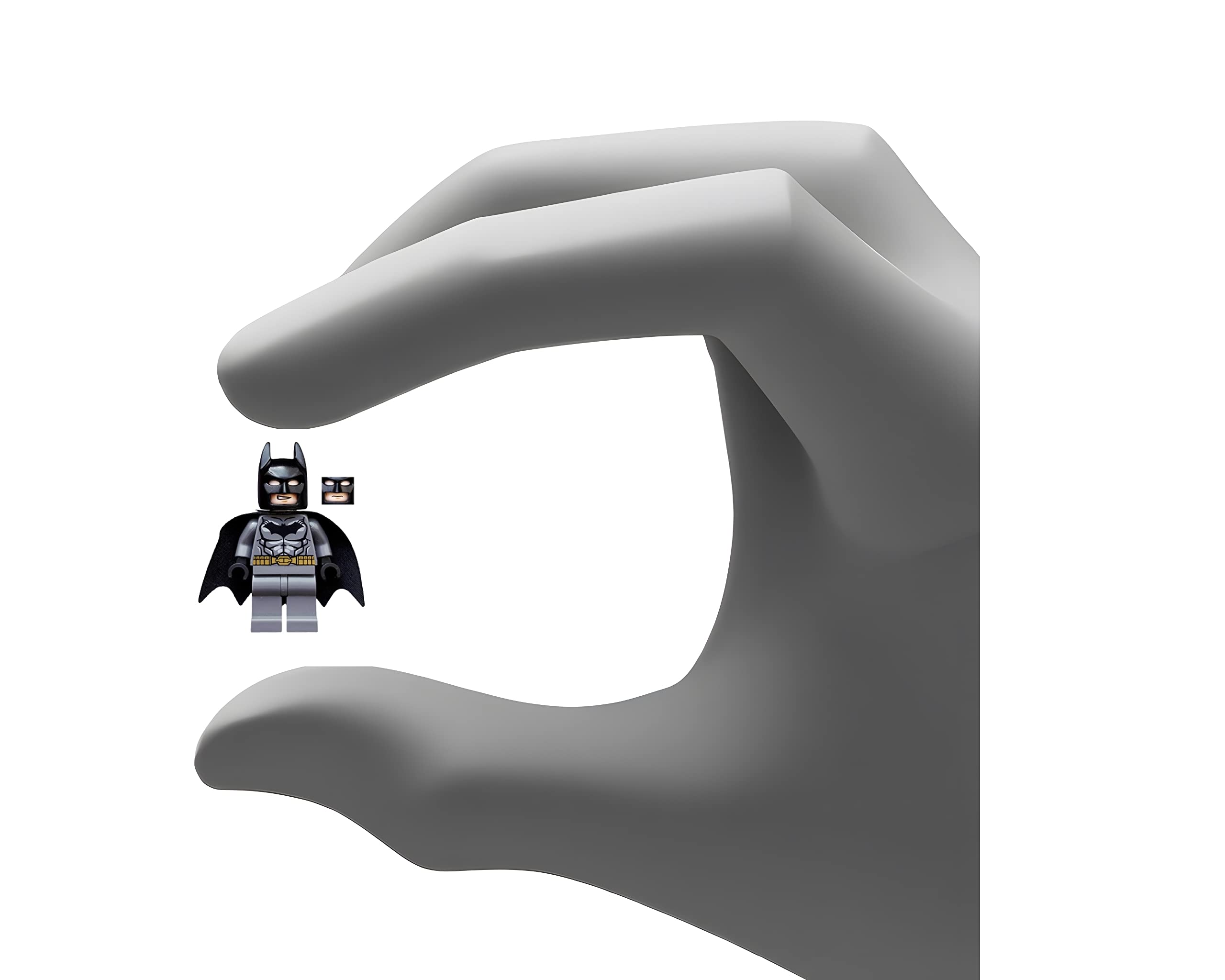 LEGO Batman minifigure in dark gray with gold belt, ideal for action play and display