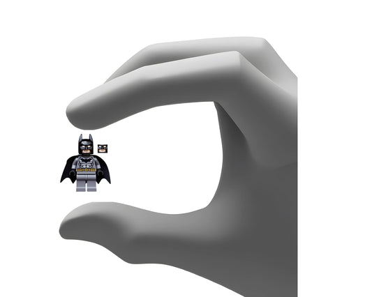 LEGO Batman minifigure in dark gray with gold belt, ideal for action play and display