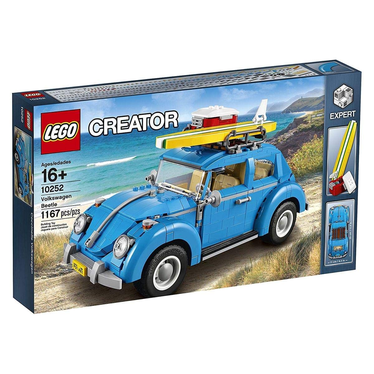 LEGO Beetle 10252 interior dashboard view highlights beige seats and steering wheel.
