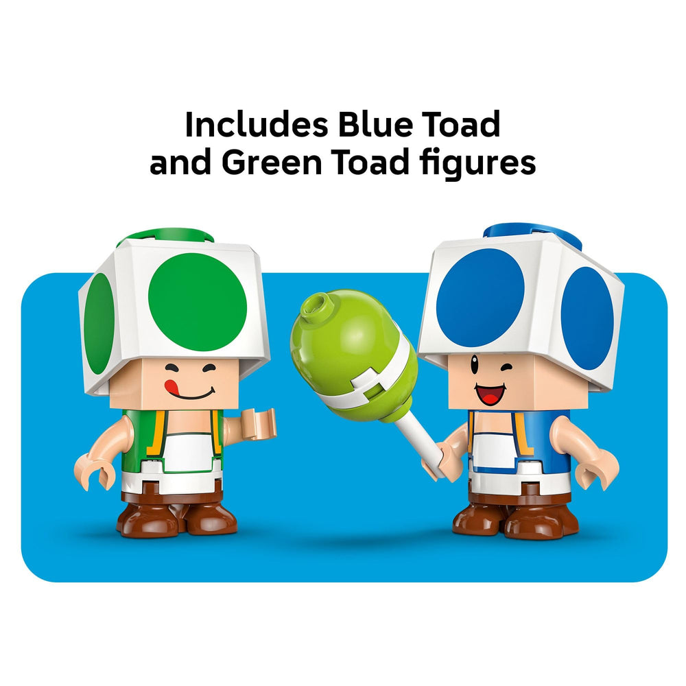 LEGO Blue Toad and Green Toad figures ready for celebration and adventures.