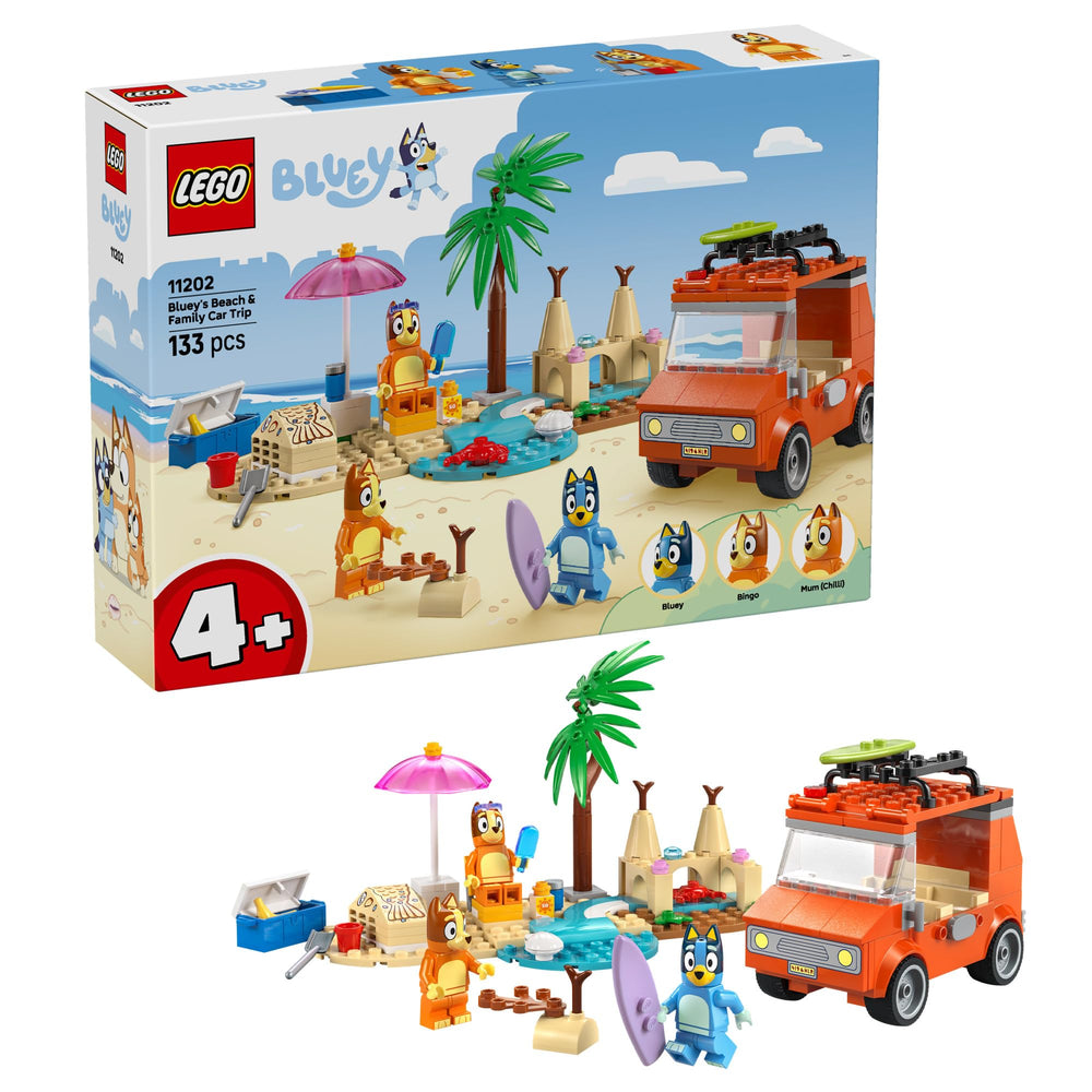 LEGO Bluey Beach and Family Car Trip front view with Bluey figures for imaginative play.