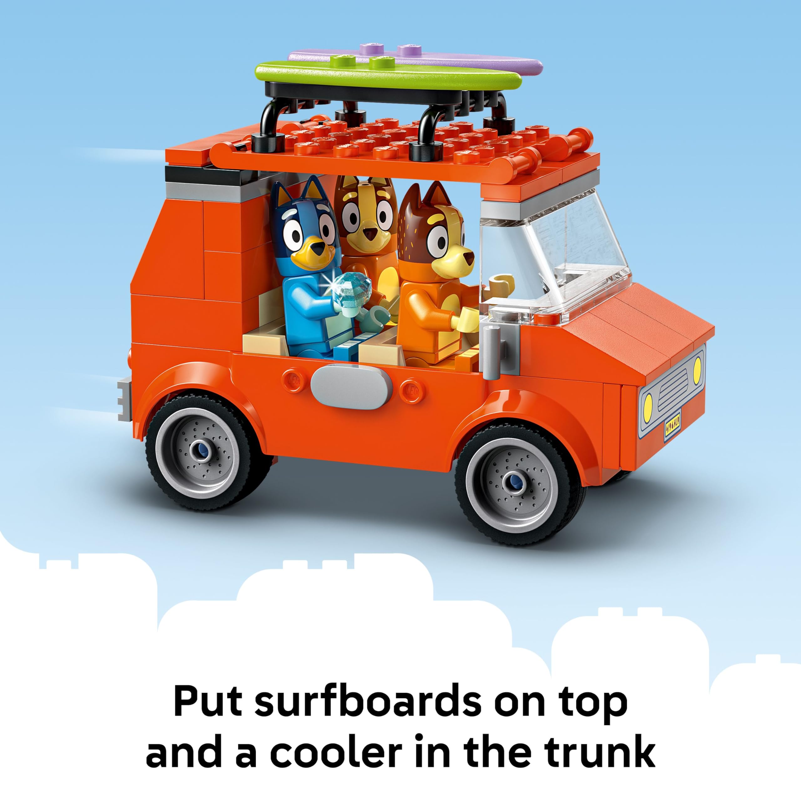 LEGO Bluey surfboards on top of the car for sunny seaside adventures.