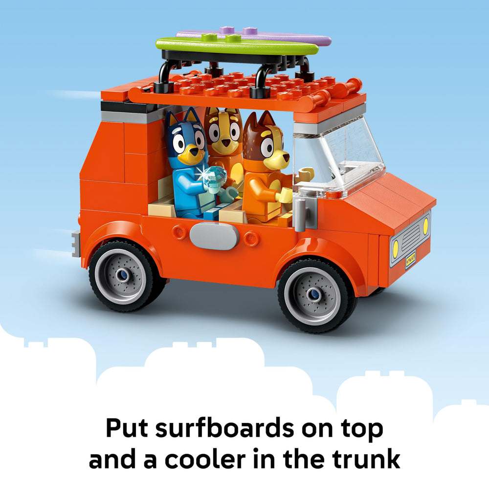 LEGO Bluey surfboards on top of the car for sunny seaside adventures.