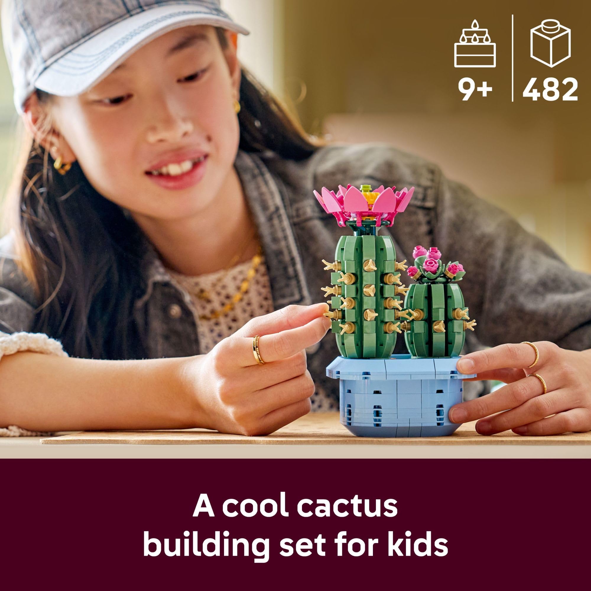 LEGO Botanicals Flowering Cactus large bloom close-up with pink flower for shelf display