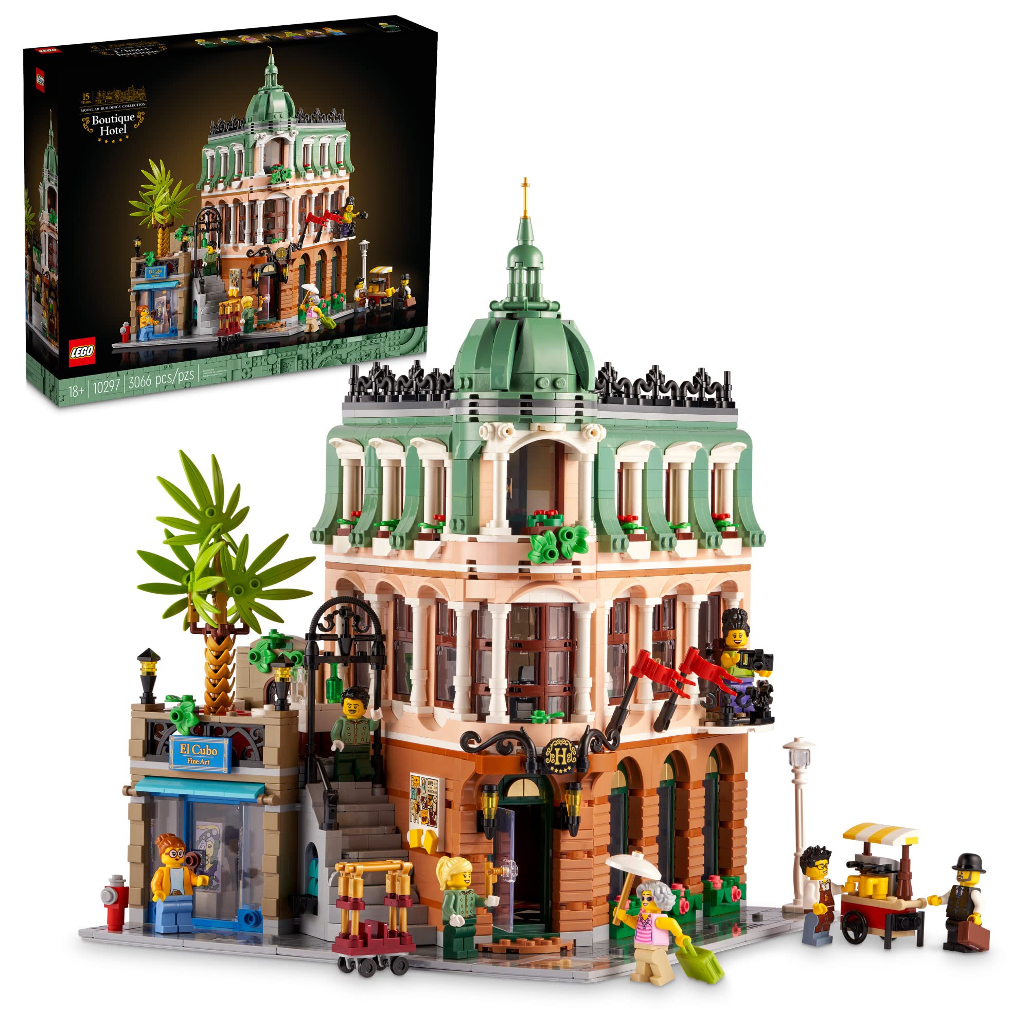 LEGO Boutique Hotel 10297 front view, a striking display piece for adult collectors.