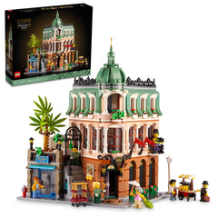 LEGO Boutique Hotel 10297 front view, a striking display piece for adult collectors.