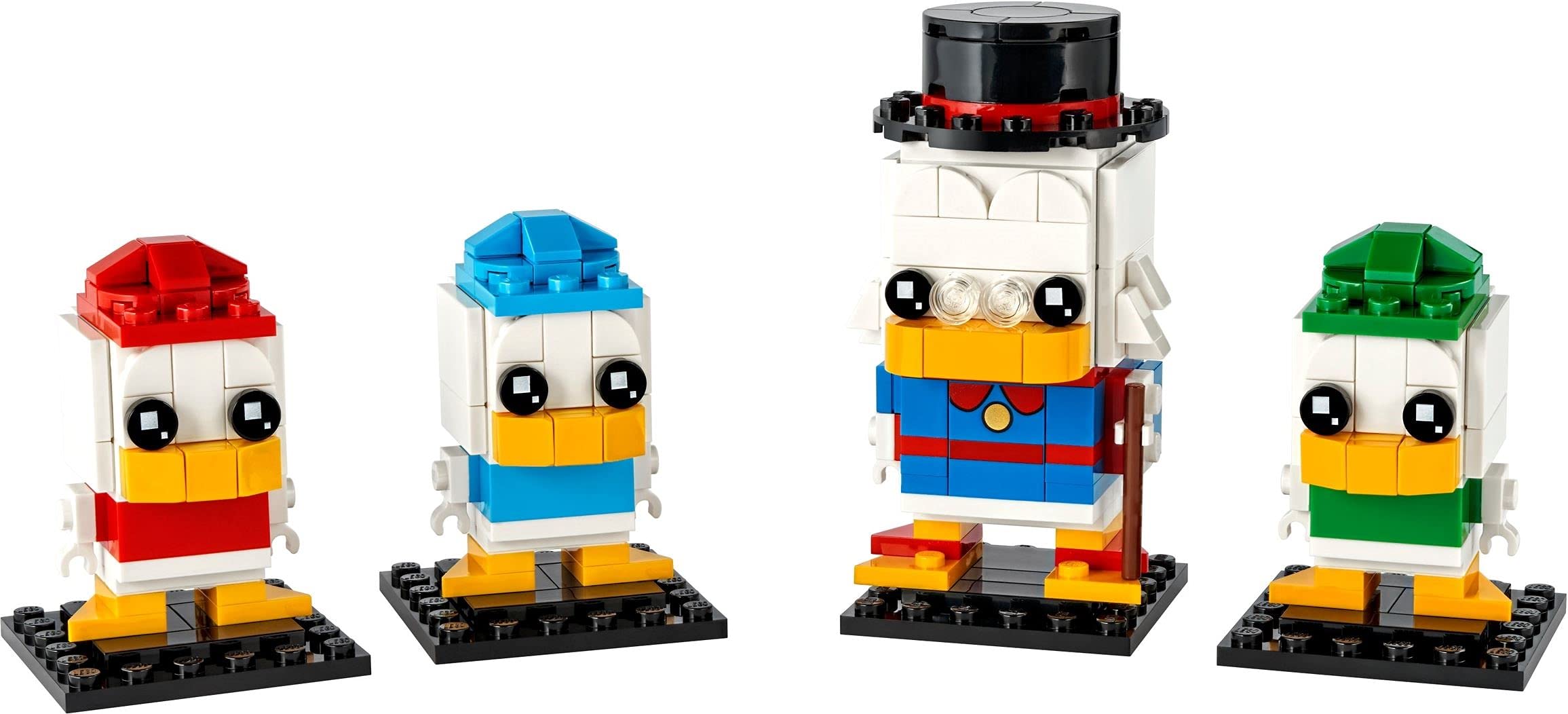 LEGO BrickHeadz Disney DuckTales Scrooge McDuck figure on display stand, ideal for desk decor and collection.
