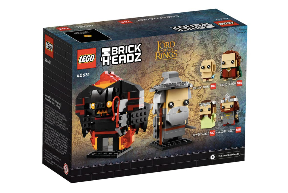 Two BrickHeadz Gandalf and Balrog side by side for display.