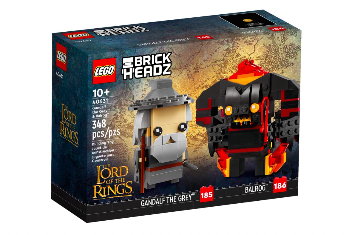 LEGO Gandalf the Grey BrickHeadz with sword and staff for display.