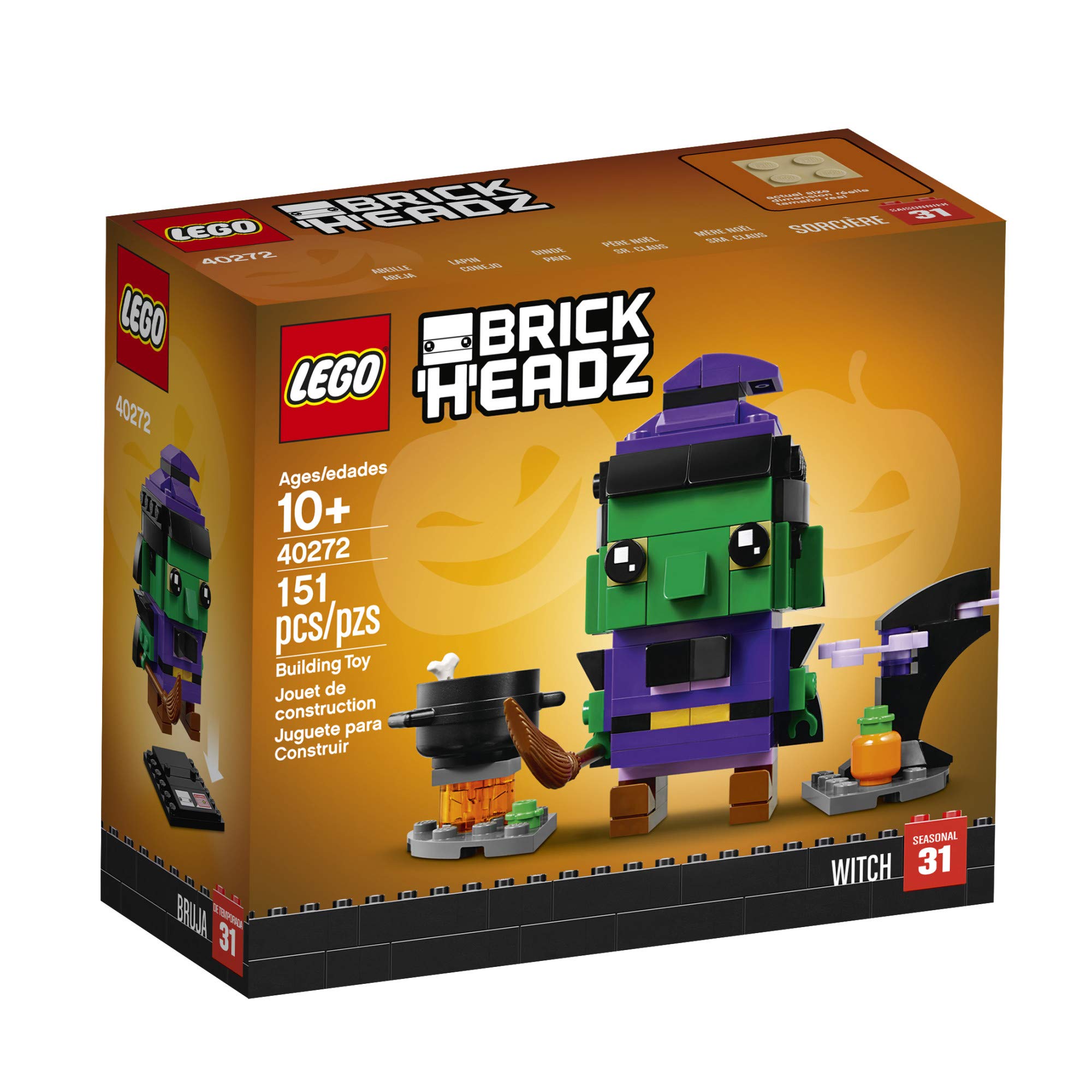 LEGO BrickHeadz Halloween Witch 40272 cauldron scene adds diorama flair.