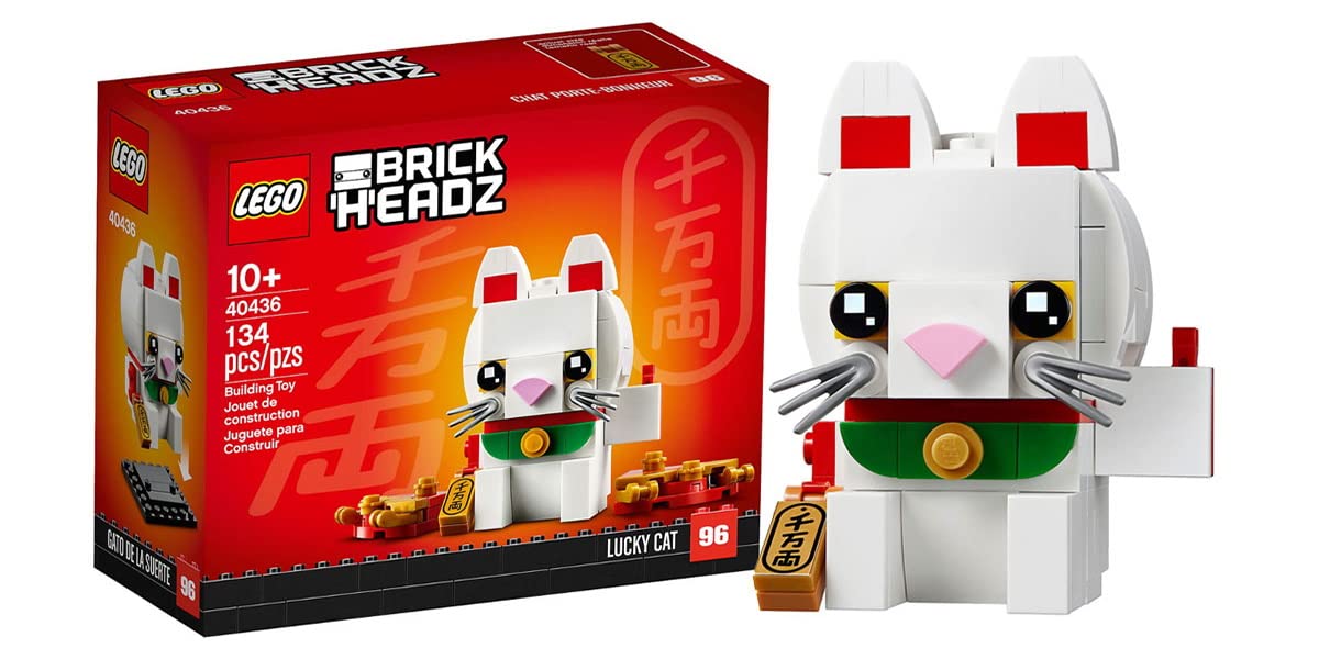 LEGO BrickHeadz Lucky Cat 40436 on display base, ideal for shelf appeal and collection.