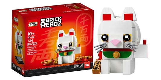 LEGO BrickHeadz Lucky Cat 40436 on display base, ideal for shelf appeal and collection.