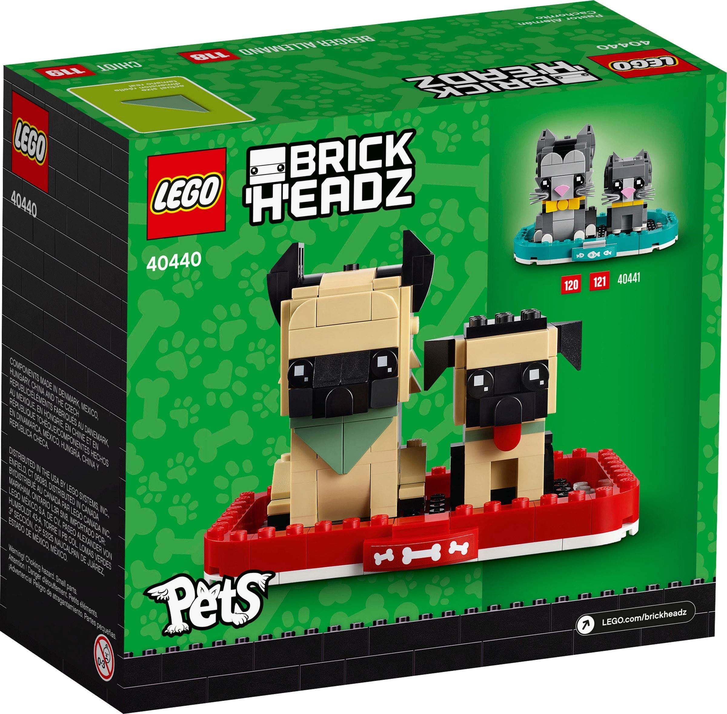 LEGO BrickHeadz Pets dogs in decorated basket on baseplate for creative display