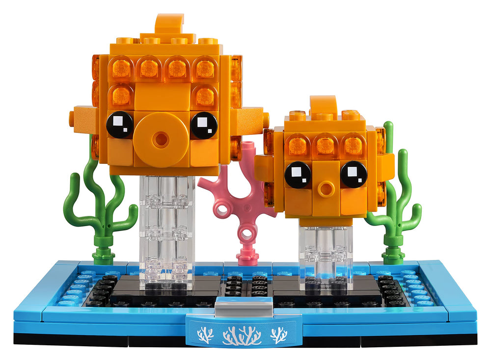 LEGO BrickHeadz Pets Goldfish on a decorative stand for display and collection.