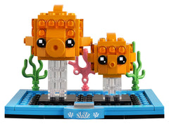 LEGO BrickHeadz Pets Goldfish on a decorative stand for display and collection.