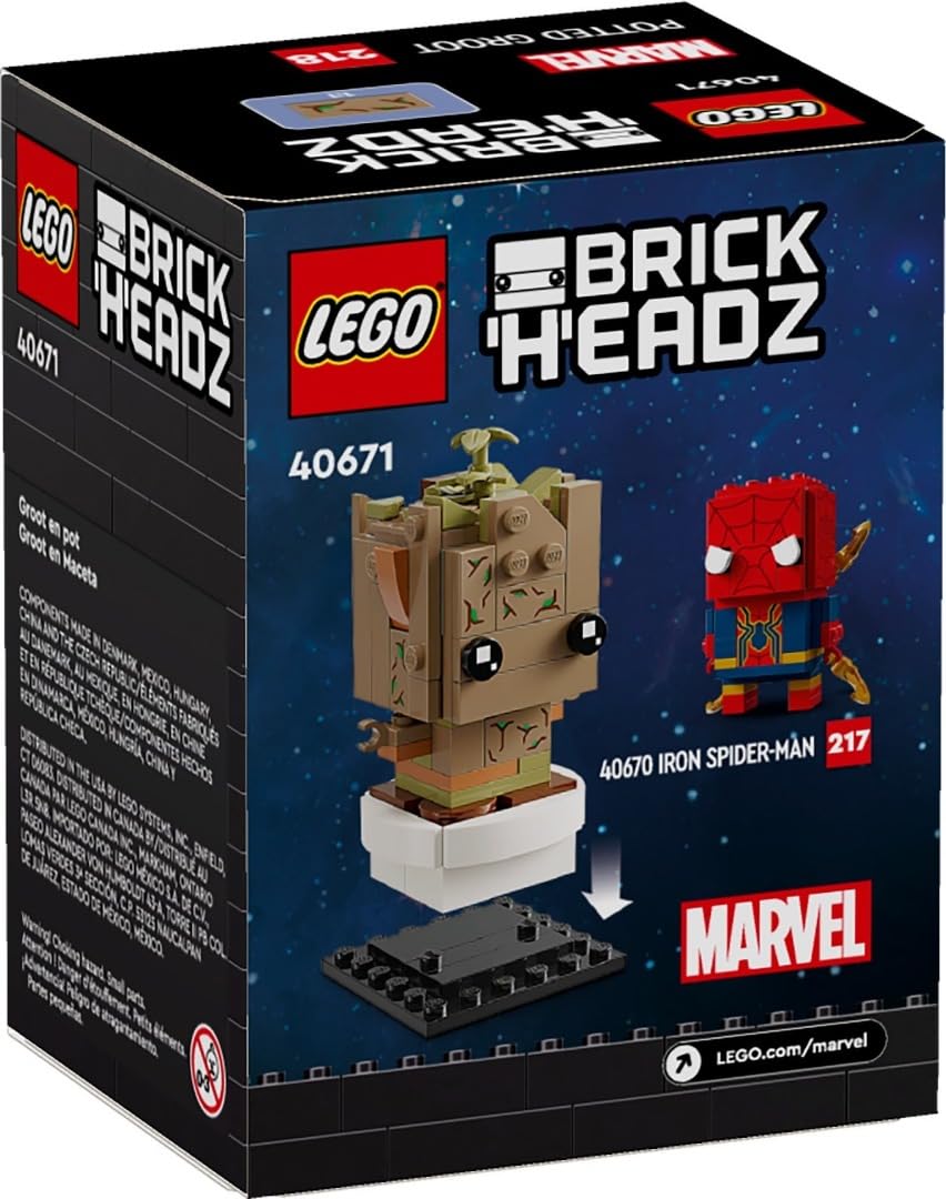 LEGO BrickHeadz Potted Groot side view showcases bright colors and compact build.