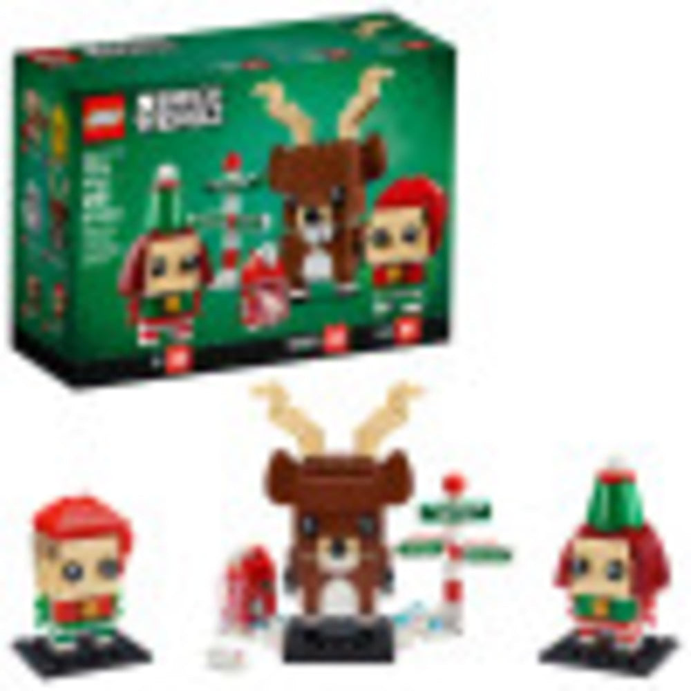 LEGO BrickHeadz Reindeer, Elf and Elfie figures for shelf display.