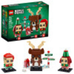 LEGO BrickHeadz Reindeer, Elf and Elfie figures for shelf display.