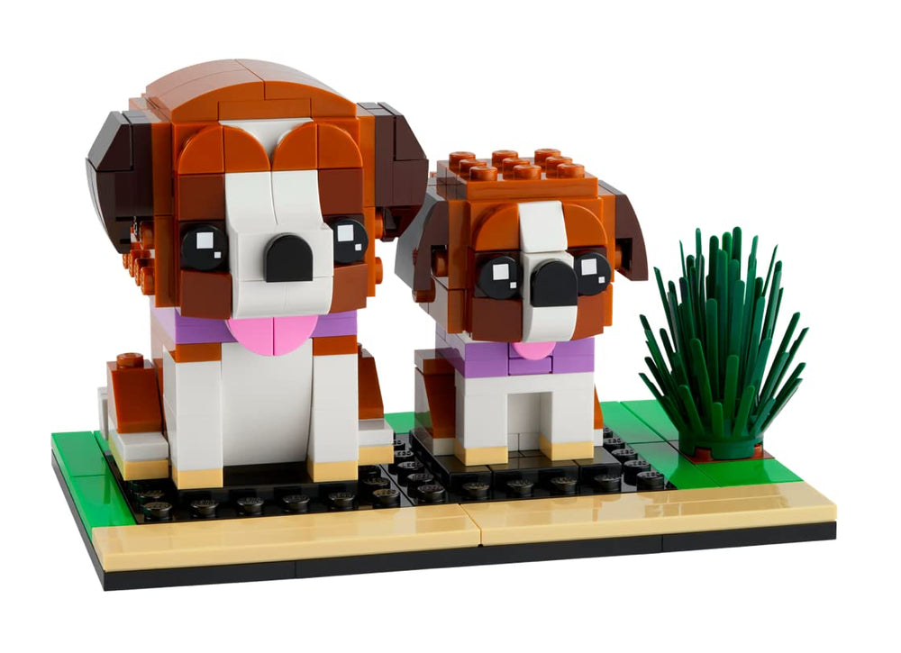 LEGO BrickHeadz Saint Bernard dog and puppy on display shelf, ideal for imaginative play.