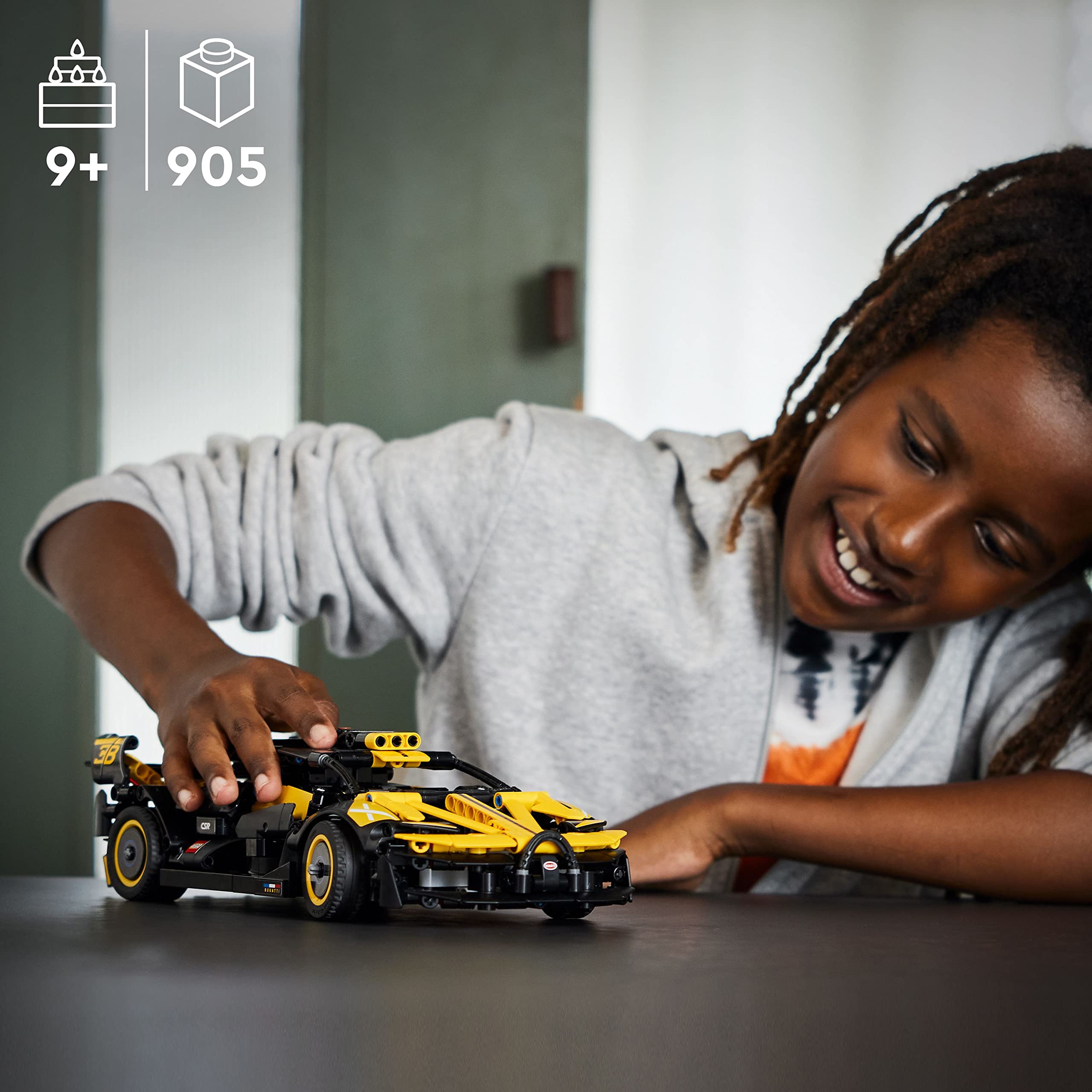 LEGO Technic Bugatti Bolide display-ready model on a shelf
