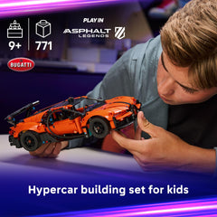 LEGO Bugatti Chiron Pur Sport rear view highlighting sleek orange bodywork for creative building.
