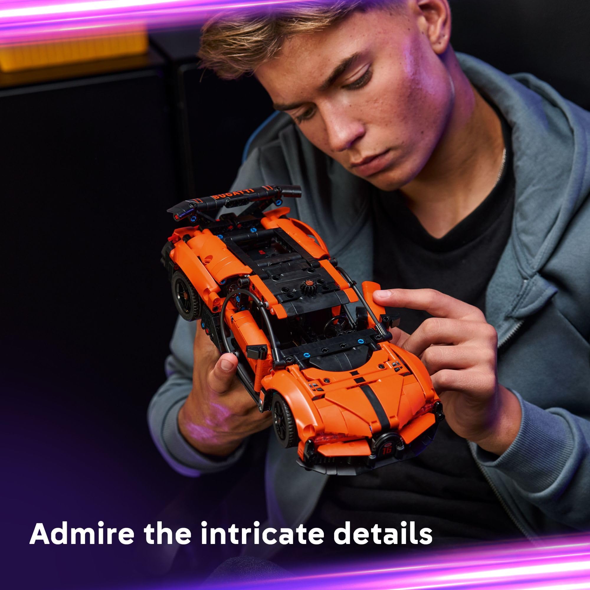 LEGO Bugatti Chiron Pur Sport steering knob action for interactive play and control.