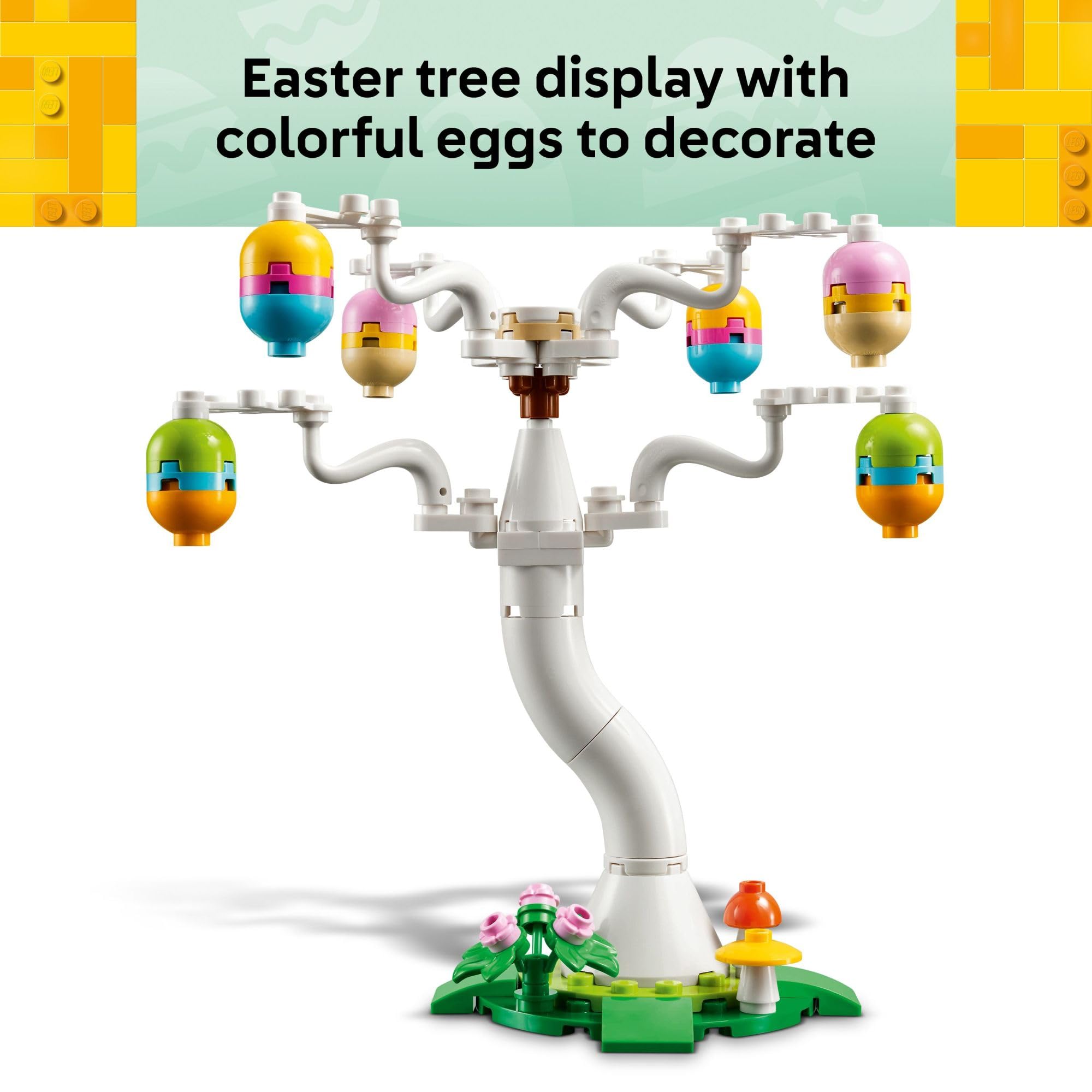 LEGO buildable eggs on tree branch invites interactive egg hunt playtime.