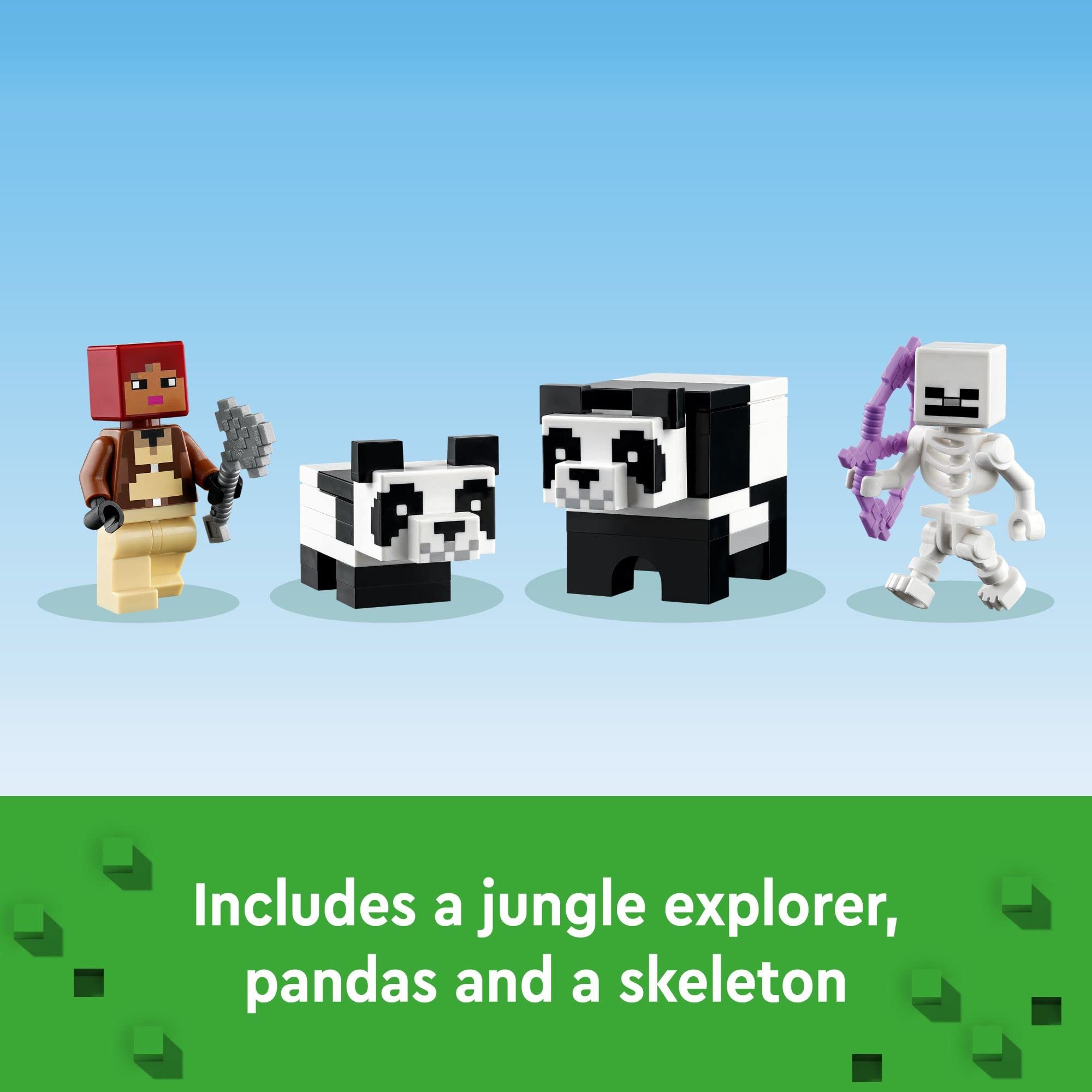 LEGO Minecraft Panda Haven Builder app view guides construction with zoom and rotate tools.