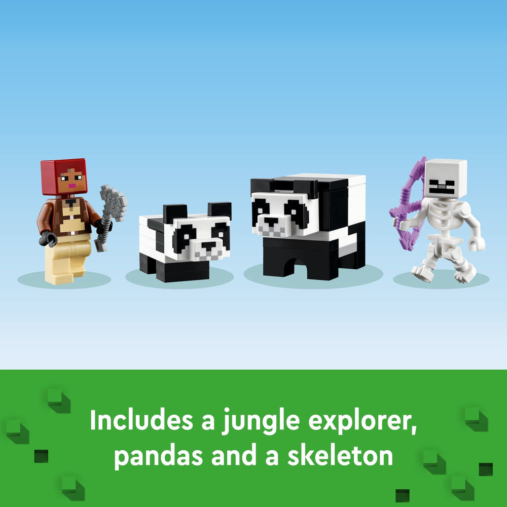 LEGO Minecraft Panda Haven Builder app view guides construction with zoom and rotate tools.