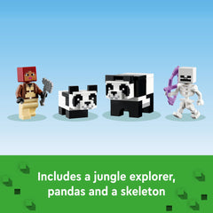 LEGO Minecraft Panda Haven Builder app view guides construction with zoom and rotate tools.