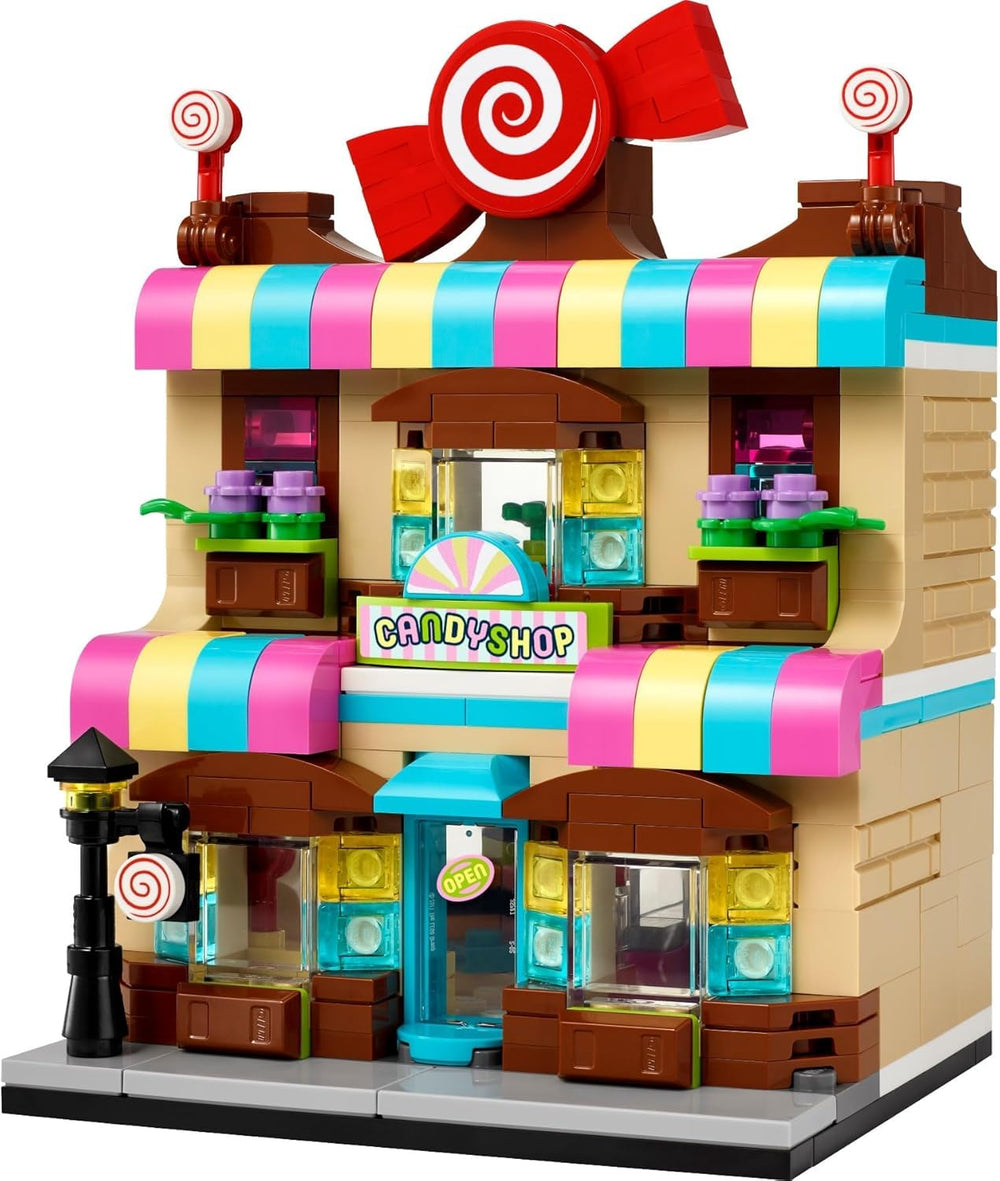 LEGO Candy Store exterior display bursting with candy colors, inviting imaginative pretend shopping.