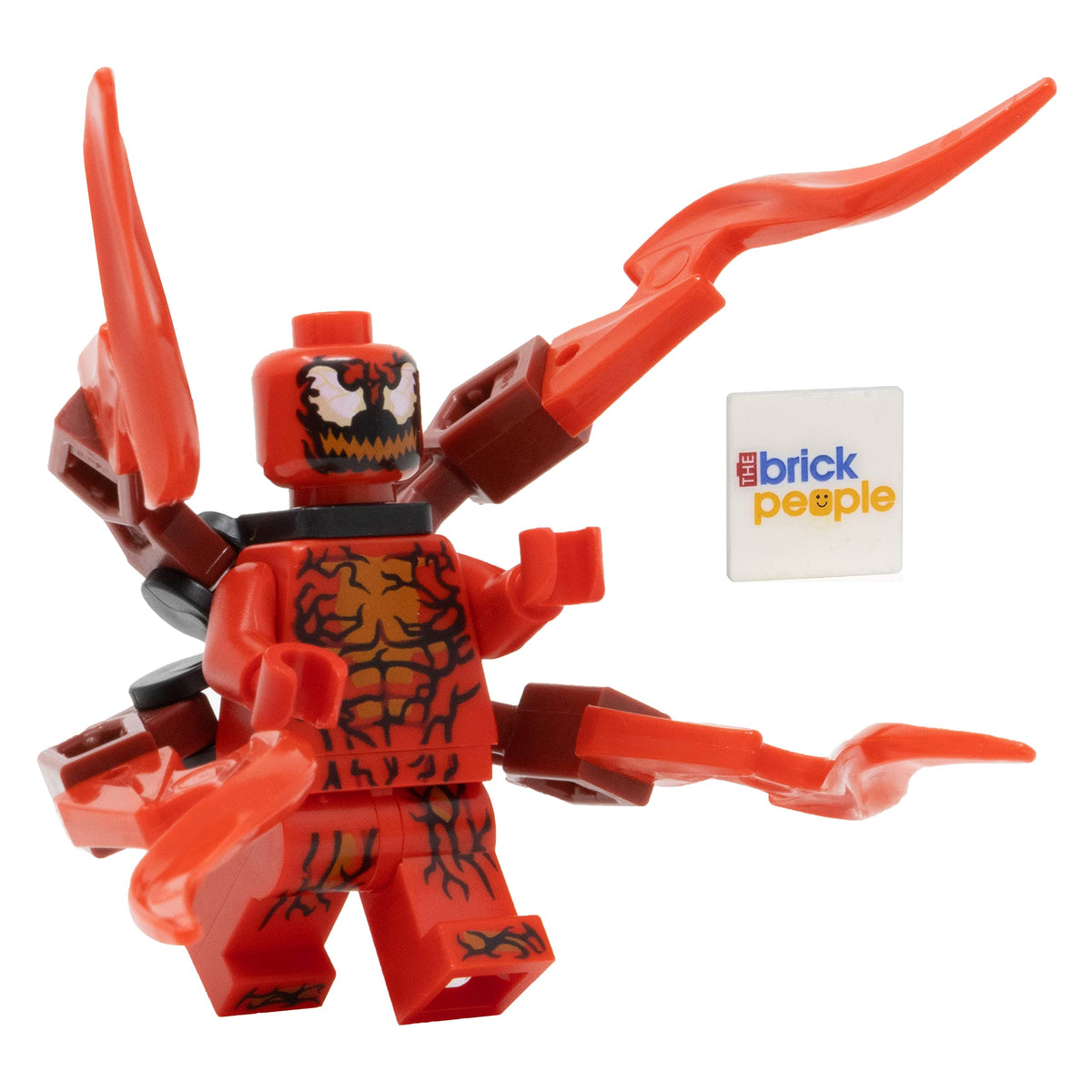 LEGO Carnage minifigure with appendages, front view for display-ready action