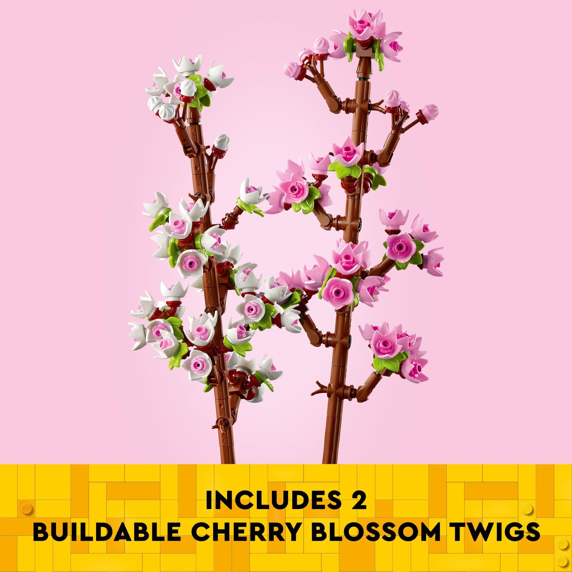 Two LEGO cherry blossom stems allow customizable color accents for display
