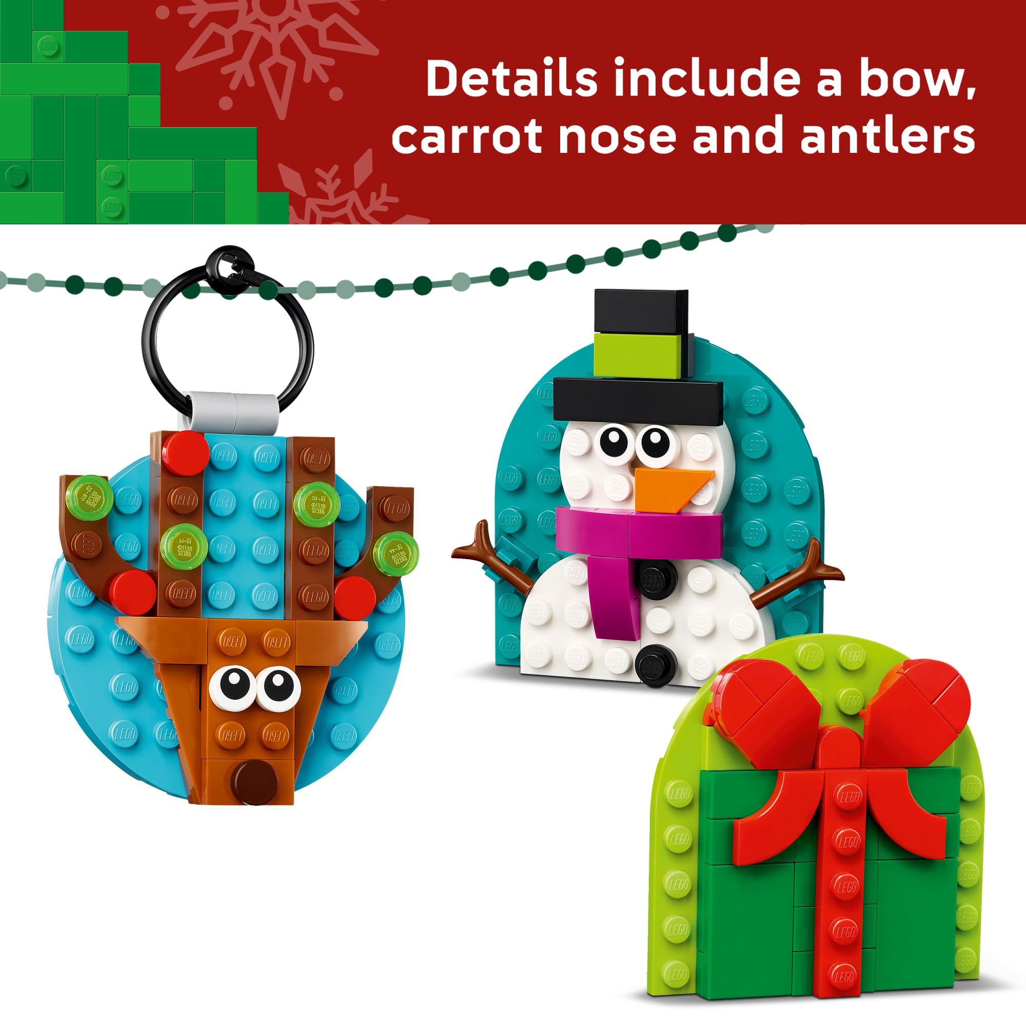 LEGO Christmas Ornament Selection display on tree for an eye-catching holiday focal point