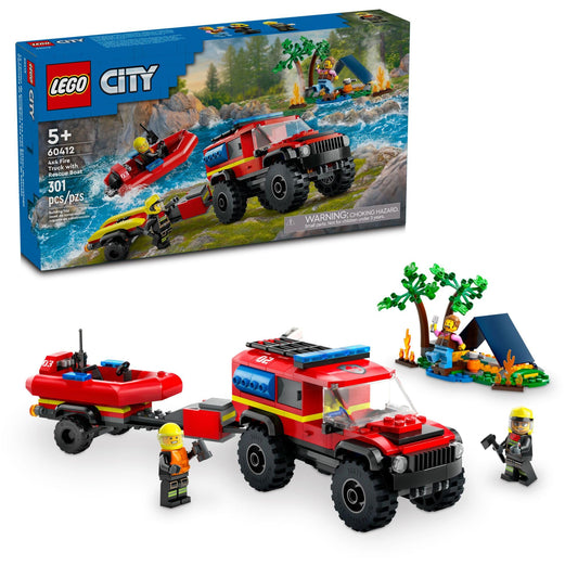 LEGO City 4x4 Fire Truck with Rescue Boat fuels imaginative firefighting play.