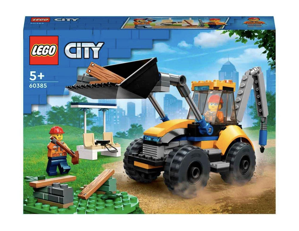 LEGO City 60385 Excavator side view highlights attachable tools.