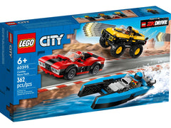 LEGO City 60395 2KDRIVE front view of triple vehicle race pack for dynamic play