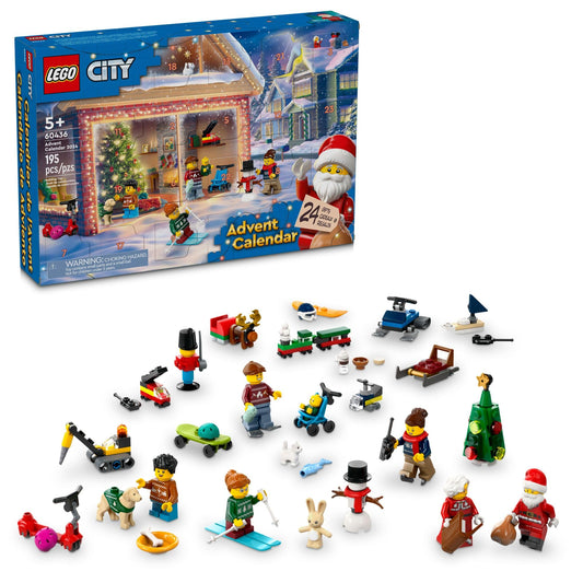 LEGO City Advent Calendar 2024 box art with festive builds for kids