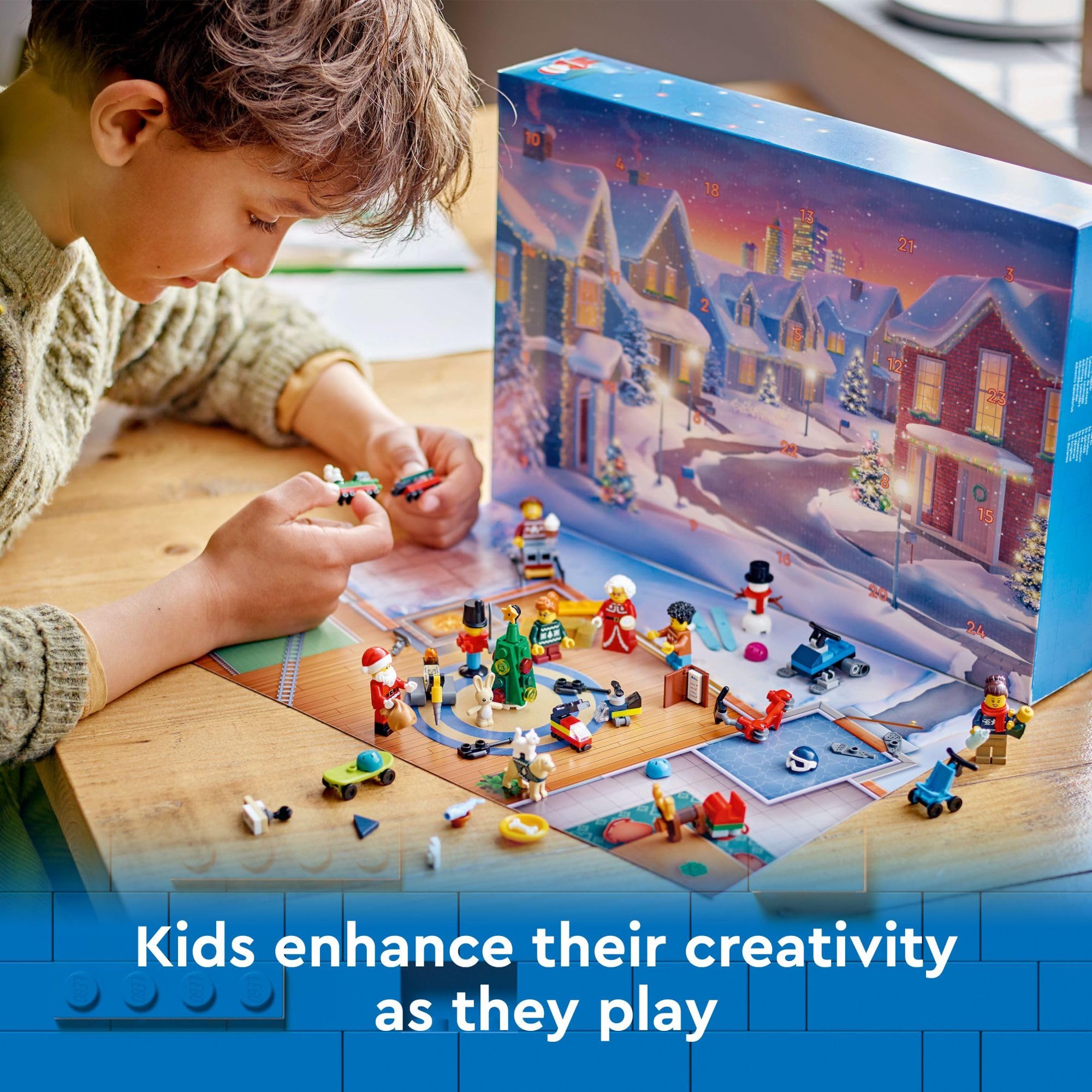 LEGO City Advent Calendar 2024 minifigures in festive sweaters