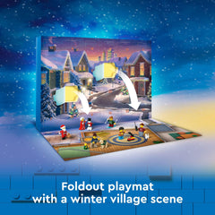 LEGO City Advent Calendar 2024 foldout playmat creates a snowy village scene